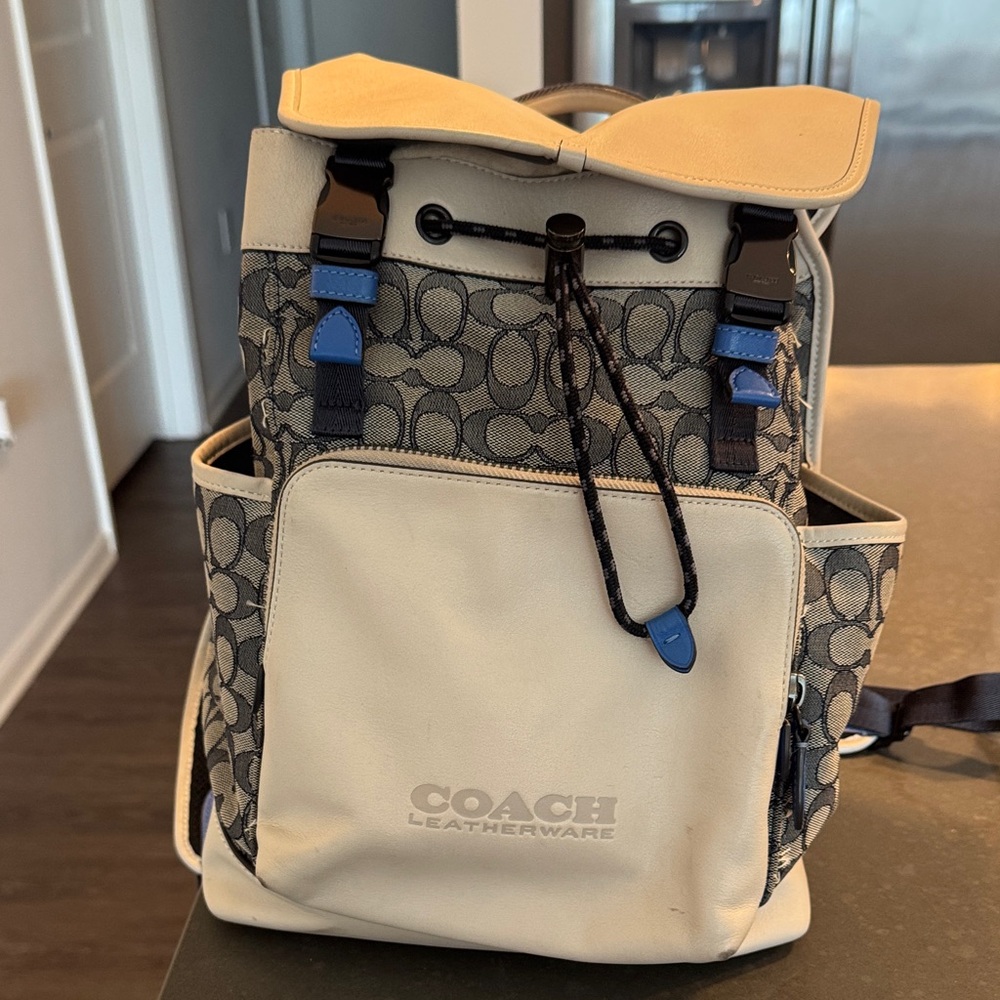 Coach Signature Beige and Navy Backpack